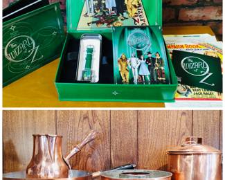 The Wizard of Oz 70th Anniversary Ultimate Collector's Edition and a collection of copper kitchenware.