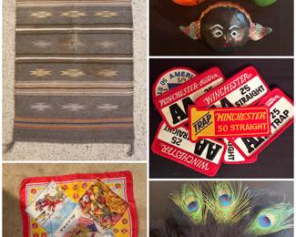 A hand-woven Southwestern-style rug, a vintage souvenir silk scarf, set of Mexican folk art coconut masks a collection of vintage Winchester-Western shooting sports patches, and a vintage-style masquerade.