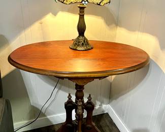 Ornate Oak Side Table     Tiffany Style Lamp