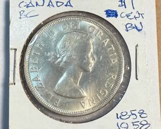 1958 Canada British Columbia Centennial Silver Dollar coin