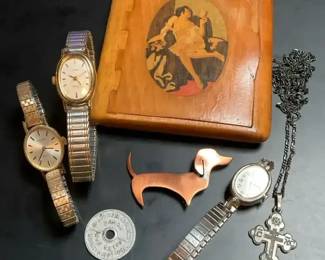 Wood Calling Card Box, Ladies Watches A Sterling Necklace