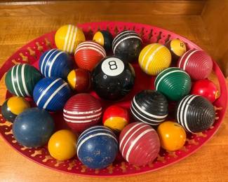 Billiard, Croquet Balls, Magic 8 Ball On Metal Tray 