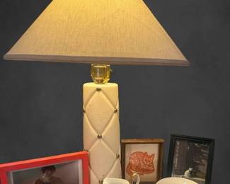 Leather Base Table Lamp, Limoge Porcelain, Cat Themed Pictures Door Stop