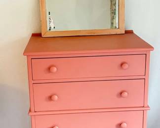 Pink Five Drawer Wood Dresser Complementing Mirror
