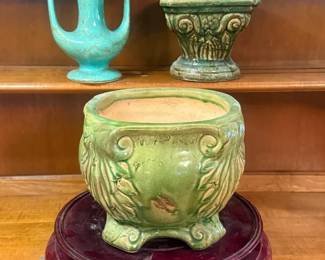 Green MajolicaStyle Glazed Planter, Column Planter,  Vase