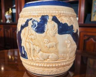 Vintage Made In Japan Blue Glazed Pottery,Cookie Jar Dog Scene Hunting