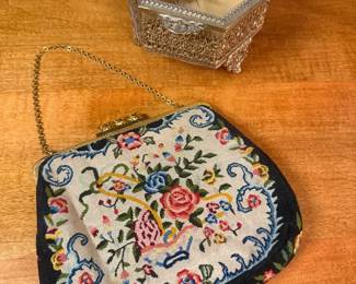 Vintage Needlepoint Tapestry Evening Bag Hexagonal Hinged Box