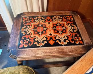 Upholstered Foot Stool Two Side Tables With Tile Inlay