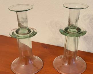 green glass Pottery Barn Savoy taper candle holders.