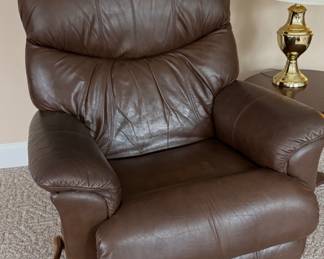 Brown leather La-Z-Boy rocking recliner, possibly a Rowan model