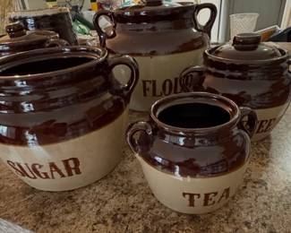 Monmouth Pottery stoneware crock canisters.
