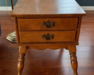 Ethan Allen Heirloom collection end table with two drawers in a nutmeg finish