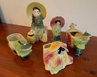 vintage ceramic planters, often identified as Royal Copley or Shawnee pottery, featuring an Asian Theme