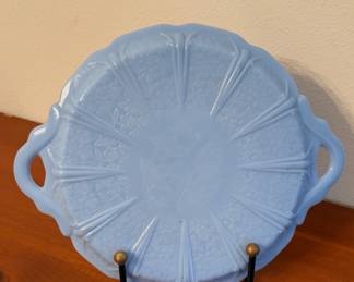 Jeannette Glass Cherry Blossom Delphite handled serving tray.