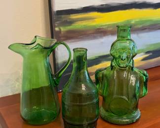Wheaton George Washington Bitters Bottle — WHEATON  DR CHANDLER'S JAMAICA GINGER ROOT BITTERS BOTTLE 
—-vintage Empoli Italy hand-blown green glass pitcher.
