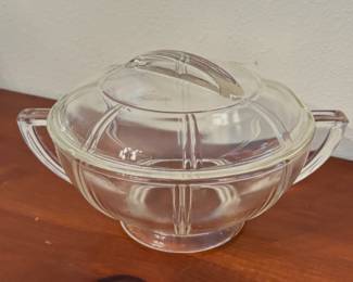 Glasbake Queen Anne clear glass casserole dish with a lid.