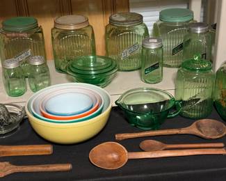 Vintage Depression Glass, Pyrex Mixing Bowls, Vintage Wood Utensils