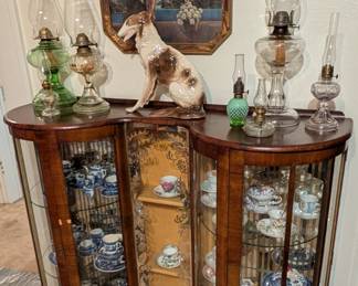 Curio Cabinet, Blue Willow, Tea Cups, Oil Lamps