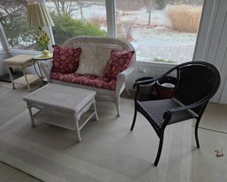 Beautiful Wicker Basketweave All Weather Resin Wicker Outdoor loveseat and coffee table.