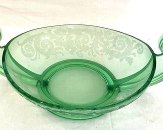 Uranium Green Glass Scroll Handle Bowl