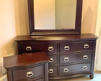 Dark Wooden Mirror Dresser Night Stand Duo 
