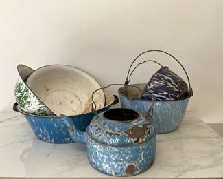 Lot 9845 Vintage Blue and White Swirl Enamelware Bowls  Teapot