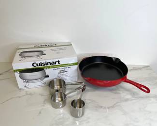 Lot 9816 Staub Enamel Cast Iron Skillet  Cuisinart Fondue Set  AllClad Measuring Cups