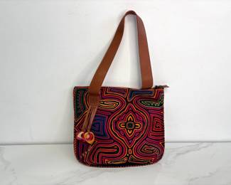 Lot 9952 Handmade Leather and Cloth Mola Shoulder Bag
