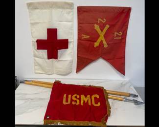 Lot 9927 USMC Guidon  US Field Artillery Guidon  Red Cross Flag Bunting  Pole w spade