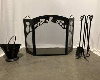 Lot 9887 Three Panel Fireplace Screen and Tools