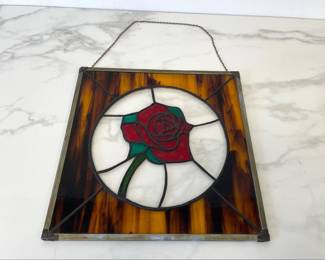 Lot 9798 Vintage Leaded Stained Glass Rose Sun Catcher Window Art