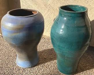 Two BlueGreen Glazed Garden Pots
