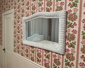 Full size wicker bedroom set: headboard and frame, side table, and mirror.