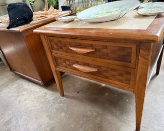 Midcentury modern side and end tables with inlay top. Good condition, matching pair.