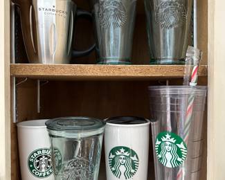 Starbucks mugs and glasses