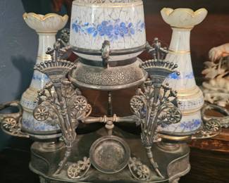 19th-century French porcelain and bronze inkwell set with blue floral decoration.