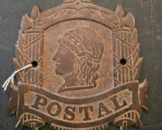 Antique cast metal "POSTAL" plaque with allegorical female profile