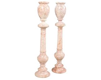 Pair of Marble Vases on Pedestal Pillars