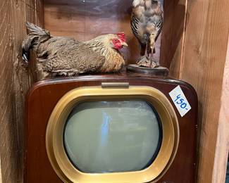 Vintage 1940s tabletop television with rounded screen and original wood cabinet, featuring classic mid-century styling and dial controls. Displayed with taxidermy birds above, adding unique visual interest. TV shows age-related wear; functionality unknown. A distinctive decorative piece for collectors or retro interiors.