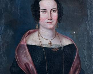 This lot features a stunning 19th century oil on canvas portrait by listed artist, Charles Volkmar Senior. This portrait is claimed to be the wife of the Philadelphia Ledger in 1860. This piece measures, 30” H x 25” W. Charles Volkmar (1809 – 1880) was active/lived in United States, Germany. Charles Volkmar is known for portrait and landscape paintings.

