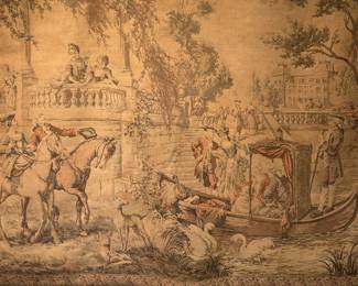 This lot features a vintage French tapestry that measures, 54” H x 70” W.

