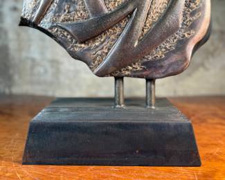 This lot features a stunning artist proof sculpture by listed artist, John Richen. Signed as shown in photos, circa 1995. This sculpture measures, 29” H x 16” W x 8” D. John Matthew Richen has been a professional sculptor since graduating from Oregon State University in 1970. His expertise in metal fabrication brought him immediate acknowledgement from the international art world. In the late 90’s he designed his studio in Borrego Springs, California, a small peaceful community that provides year-round work conditions and inspiration from the desert landscape. In addition to bronze, stainless steel and aluminum this innovative sculptor also incorporates Cor-ten steel, granite, fused glass, water and lighting into selected works.

