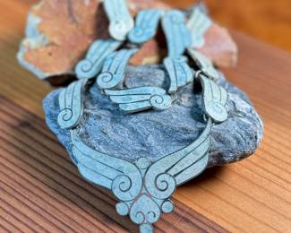 This lot features a gorgeous set of Taxco jewelry with sterling silver and inlaid blue stone with a marble-like appearance. The necklace measures, 17” and the bracelet, 7”. All items bear a maker’s mark as shown in photos with a total approx. weight of 58.00 grams.

