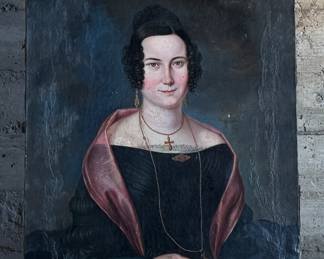 This lot features a stunning 19th century oil on canvas portrait by listed artist, Charles Volkmar Senior. This portrait is claimed to be the wife of the Philadelphia Ledger in 1860. This piece measures, 30” H x 25” W. Charles Volkmar (1809 – 1880) was active/lived in United States, Germany. Charles Volkmar is known for portrait and landscape paintings.

