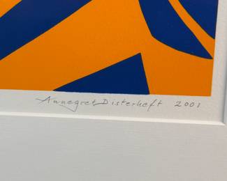 "Turning Point", a limited edition lithograph by listed Oregon artist, Annegret Disterheft. Edition 5/15, signed in pencil, and measures in frame, 17” H x 13” W. The Chemeketa show, “Beyond Perception: Monotypes by Annegret Disterheft, ” was her first Salem show since a 1999 exhibit in the governor’s office and offers a retrospective of her work in monotypes. Her work is in the Whitney Museum of American Art in New York; the national Museum of Women in the Arts in Washington, D.C.; the Portland Art Museum; and the Hallie Ford Museum of Art in Salem. 

