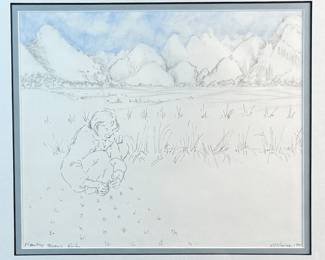 "Beijing Landscape and Figure", an original work of art by listed artist, Eleanor Dickinson circa 1990. Professionally framed and measures in frame, 13” H x 14.5” W.

