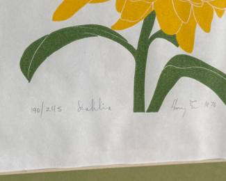 "Dahlia", a limited edition lithograph by listed artist, Henry Evans. Edition 190/245, signed in pencil, professionally framed, and measures in frame, 23.25” H x 17” W. Henry Evans (1918-1990) was a San Francisco Bay Area artist and printmaker known for his minimalist style botanical images. In 1949 he established the Peregrine Press in San Francisco where he began making books and prints for local Bay Area artists.

