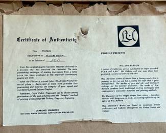 This lot features a limited edition etching by listed artist, William Barnum. Edition 21/200, titled and signed by the artist. Professionally framed and measures in frame, 36.5” H x 28” W. William Barnum California Artist, listed as specializing in Seascapes, and at times Beachscapes. He is worked in mixed medium but most of his work turns up in water colors.

