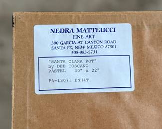 "Santa Clara Pot", an original pastel by listed artist, Dee Toscano. Professionally framed and measures in frame, 39” H x 31” W. Dolores Anita (Dee) Burgess Toscano, a painter and sculptor of Indians and other Western subjects, was born February 19, 1932, in Fort Worth, Texas, growing up there and in Lubbock and Odessa, Texas.

