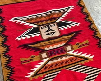 This lot features a vintage Ecuadorian wool tapestry or rug with an Inca pattern that measures, 62” H x 43” W.

